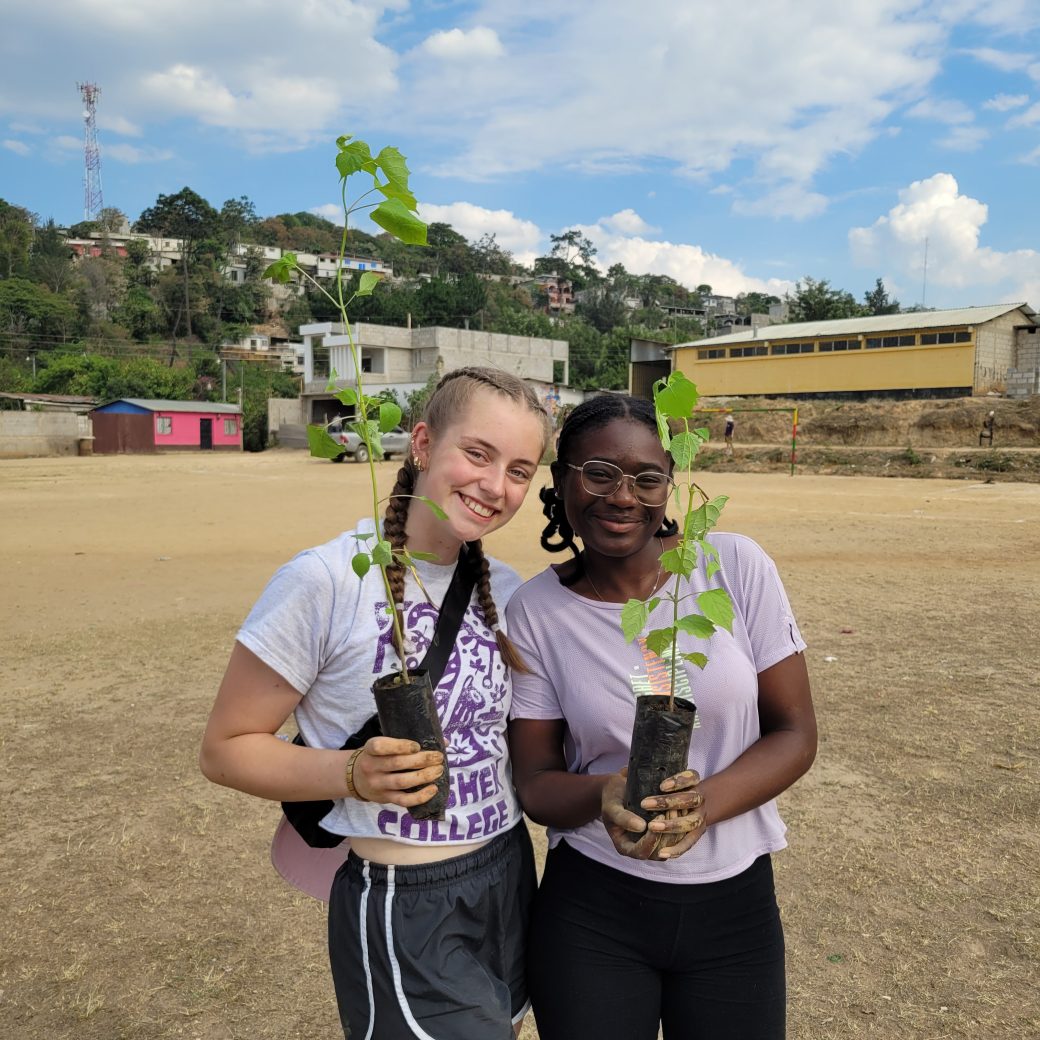 Two people holding tree saplings.