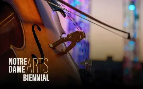 Official Notre Dame Arts Biennial promotional graphic includes a cello and colorful mosaic background.