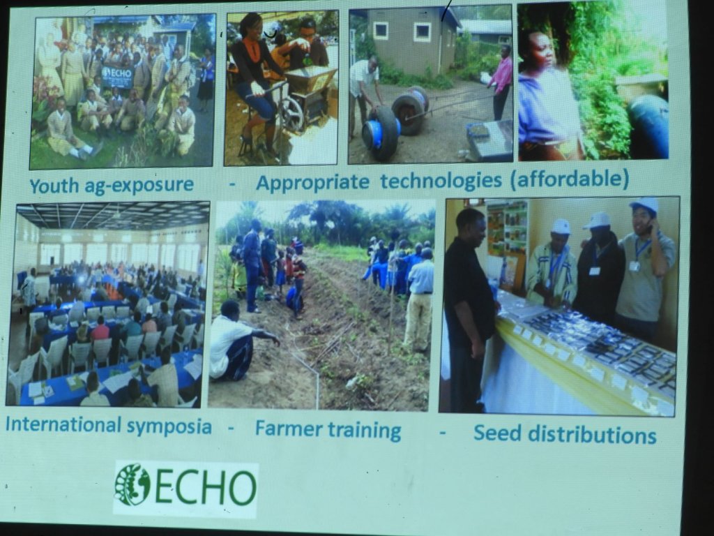An ECHO informational slide showing photos of their programs, including youth ag-exposure, appropriate technologies, international symposia, farmer training, and seed distributions.