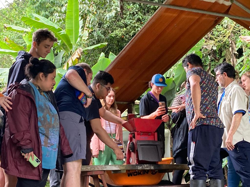A group of people watching a coffee-processing demonstration.