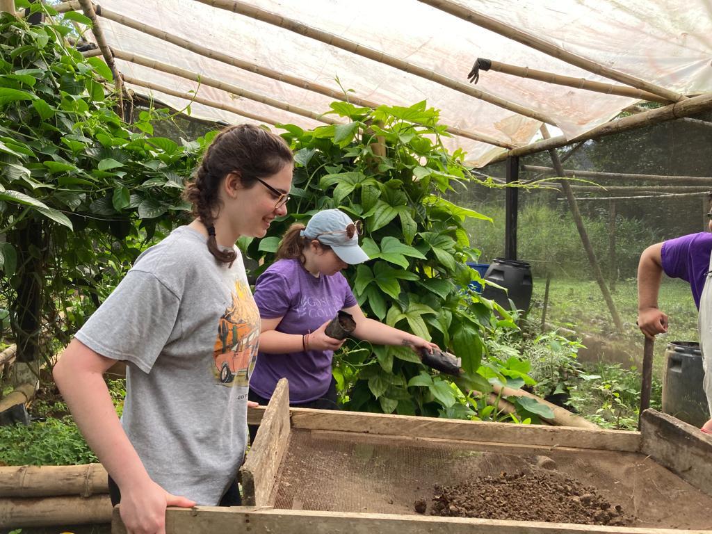 A student shaking soil through a wooden sifting screen at a farm.