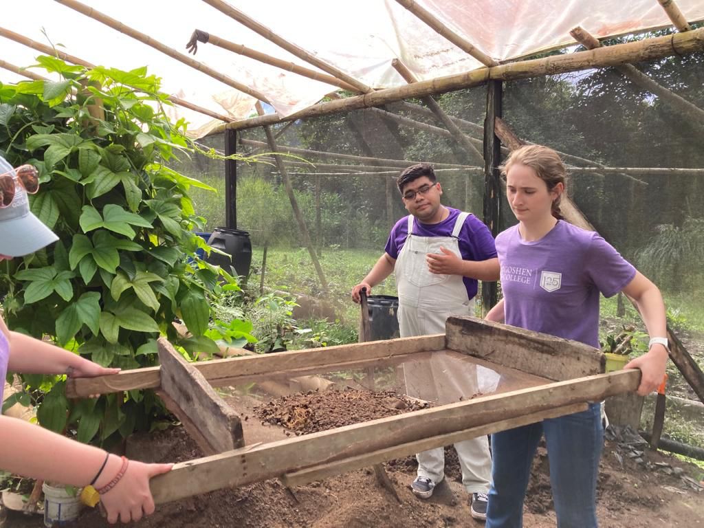 A student sifting soil with a screen while others work nearby.