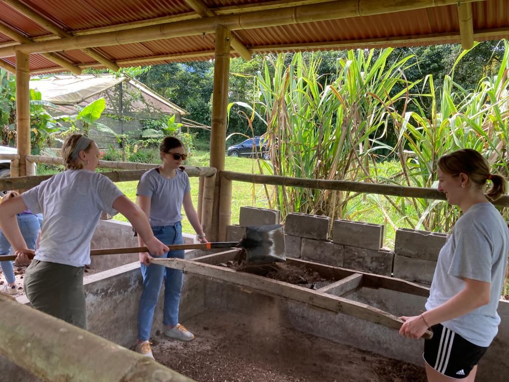 People working at long soil beds under a covered farm structure.