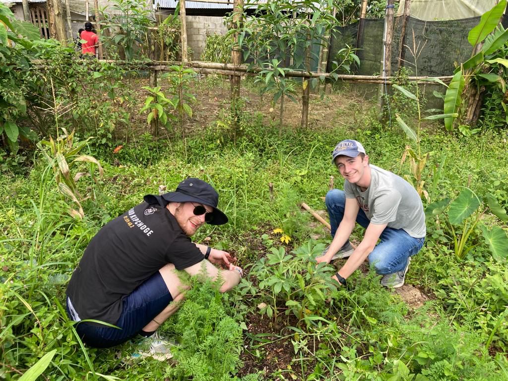 Two people crouching to tend seedlings in a garden.