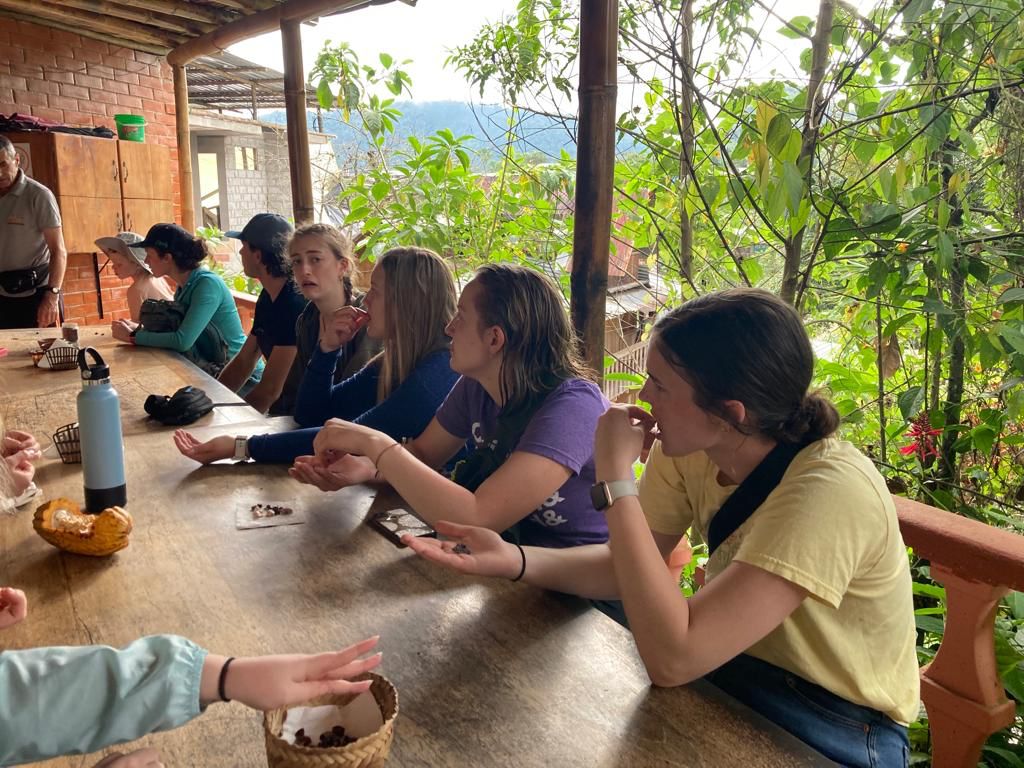 A group seated at a long table with a view of greenery outside.