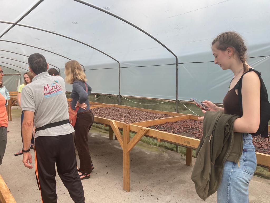 Students sitting around a table working with cacao beans.