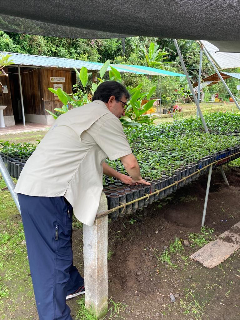 A guide showing rows of seedlings to a group of students in a nursery.