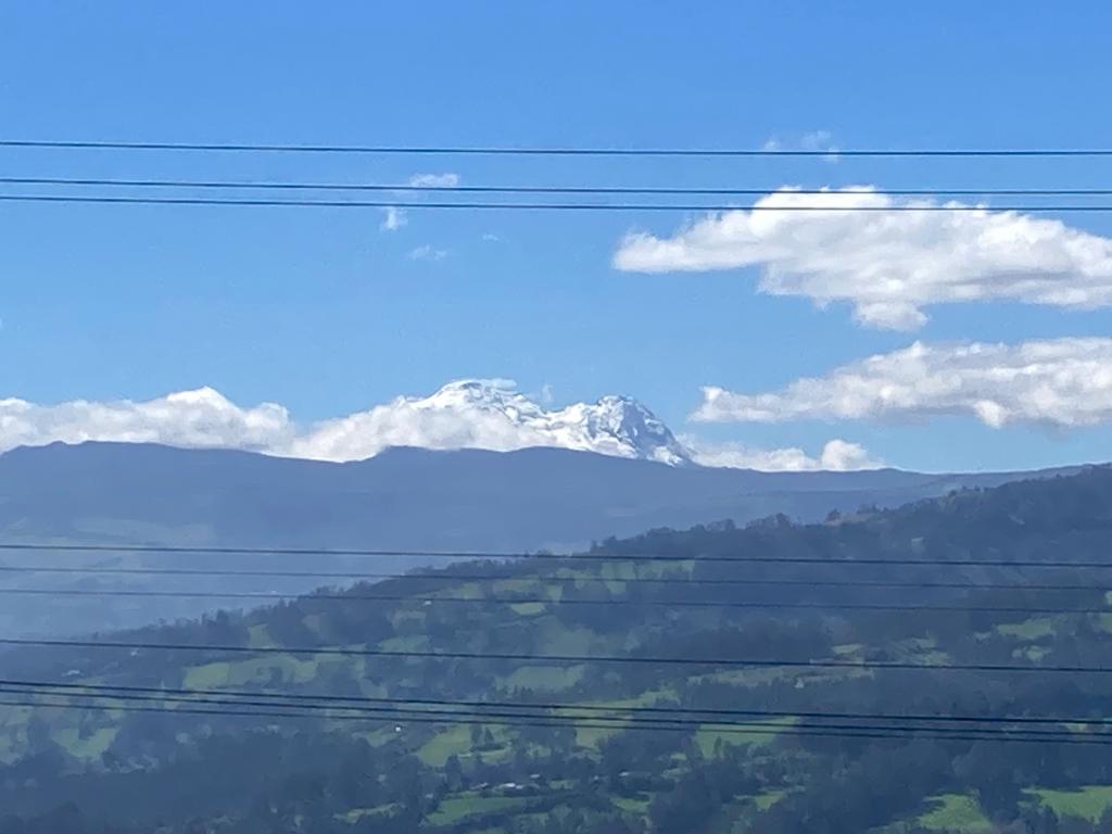 A distant snowy mountain peak seen beyond rolling hills and power lines.