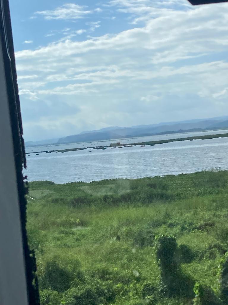 A coastal view of grassland and the sea from a bus window.