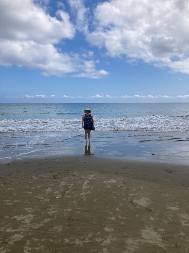 A person standing alone on the sand facing the ocean.