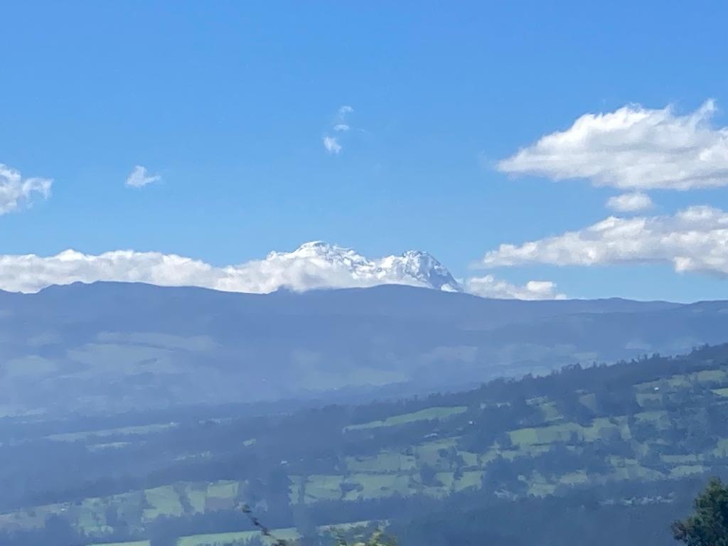 An Andean mountain range with a snow-capped peak rising above a green valley.