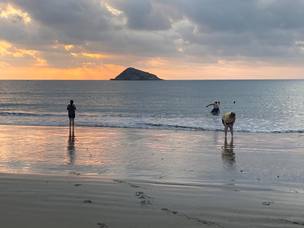 People and a dog on the wet sand at sunset near a rocky islet.