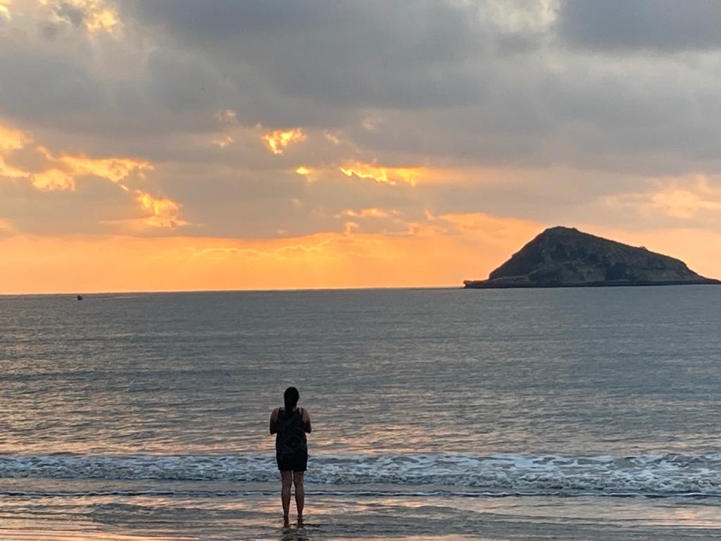 A lone silhouetted person on the beach at sunset near an offshore islet.