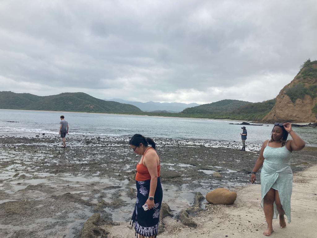 People wading and walking on a beach beside a cove.