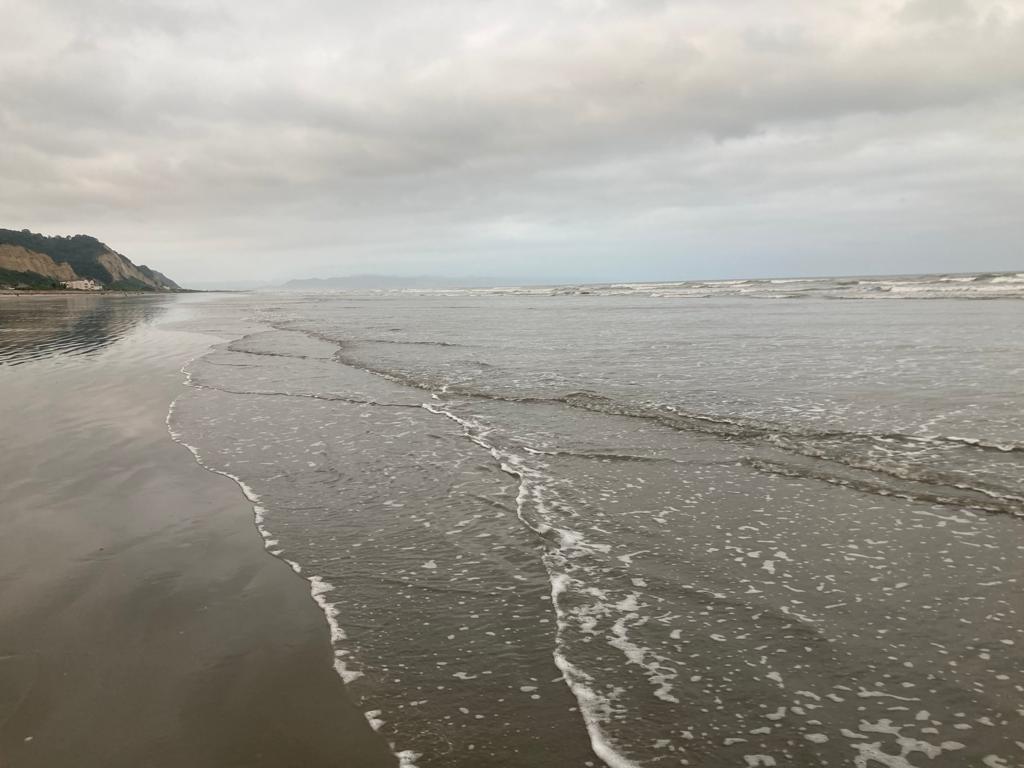 Gentle waves washing onto a broad beach at dusk.
