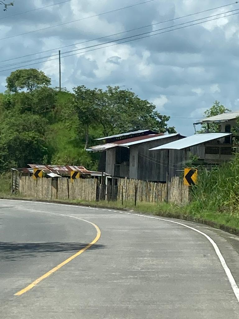 A roadside wooden structure along a curving country road.