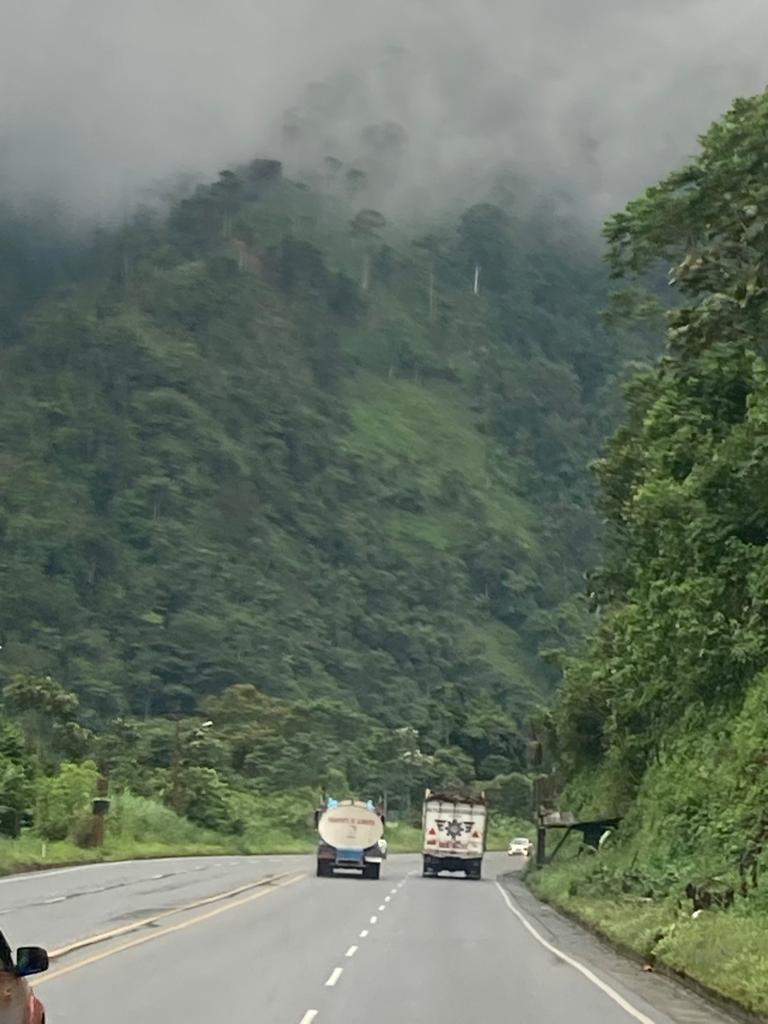 Misty green mountains rising above a winding highway.
