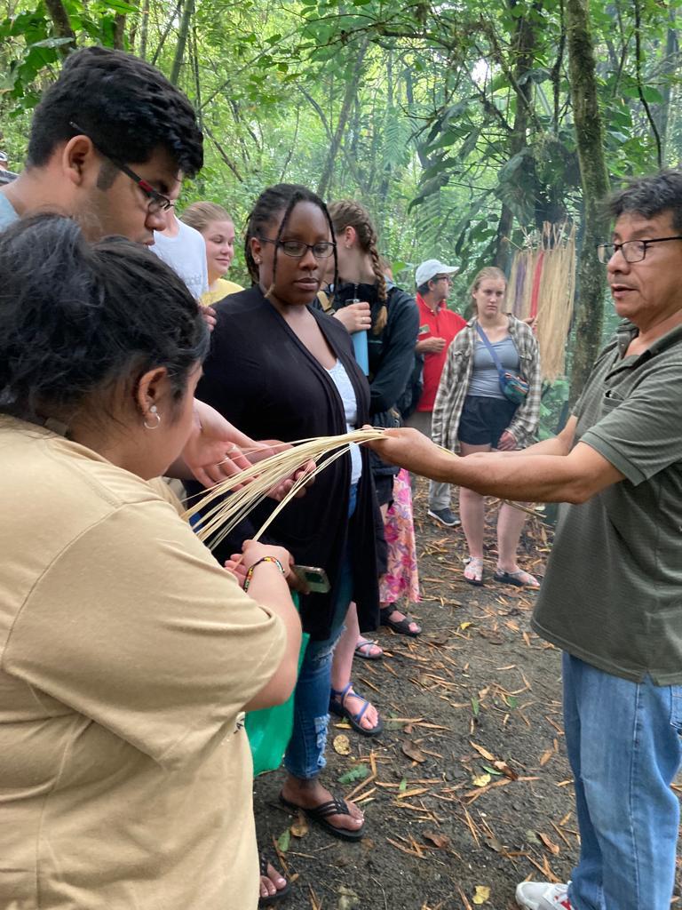 Students examining raw straw fibers held by a demonstrator.

