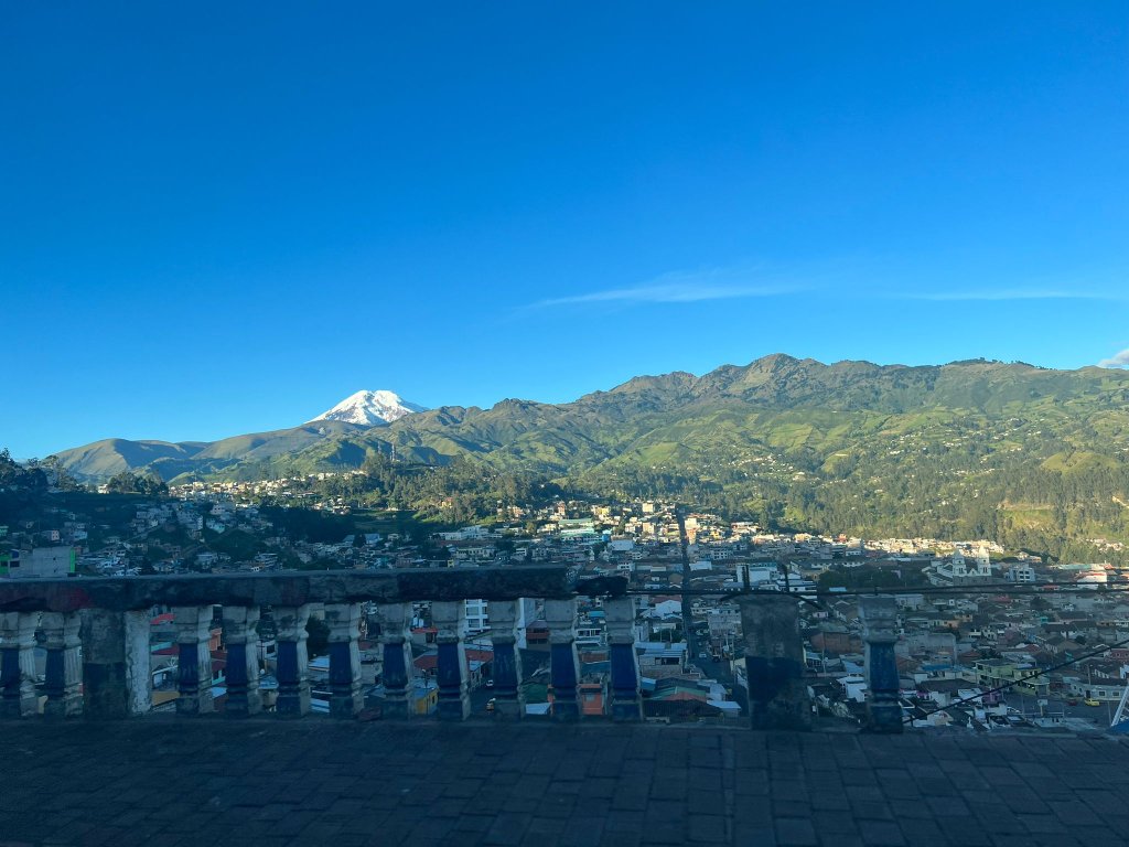 A cityscape with a snow-capped mountain in the background.
