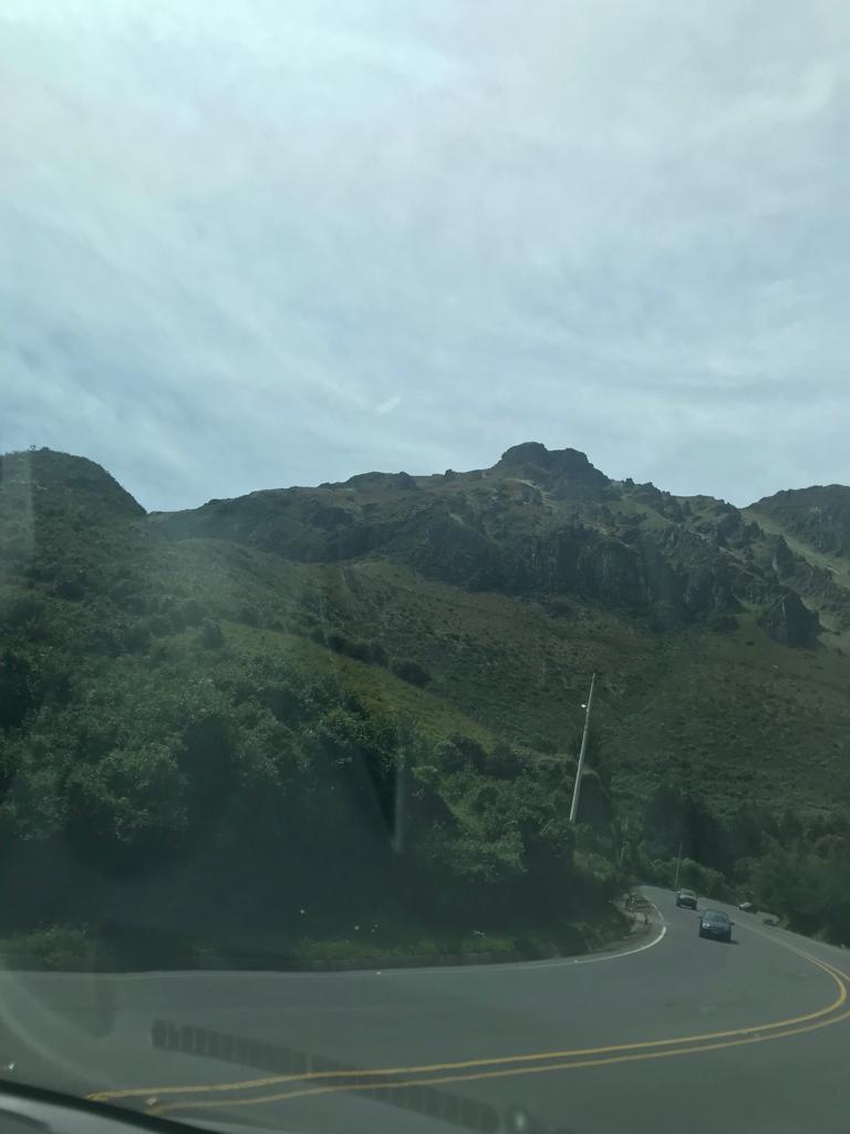 A green mountainside seen from a moving car on a highway.
